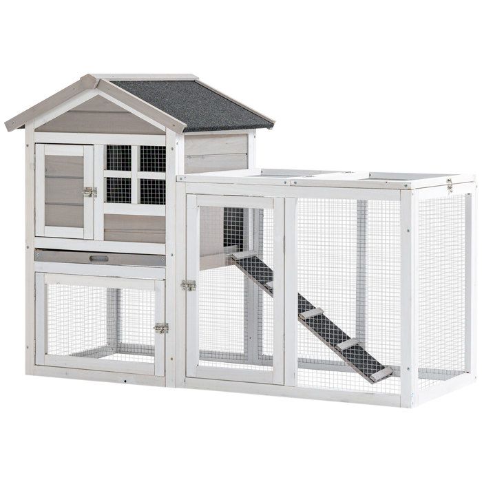 Clapier à Lapins PawHut Bois de Sapin 128x64x92cm Gris