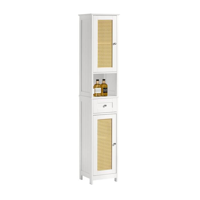 sobuy bzr70-w meuble colonne de salle de bain avec 1 compartiments ouverts, 1 tiroir et 2 portes en ploy rotin, 32x30x170, blanc