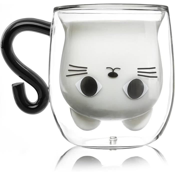 Tasse Chat Verre Double Paroi - Avec Soucoupe & Cuillère - Cadeau Mignon