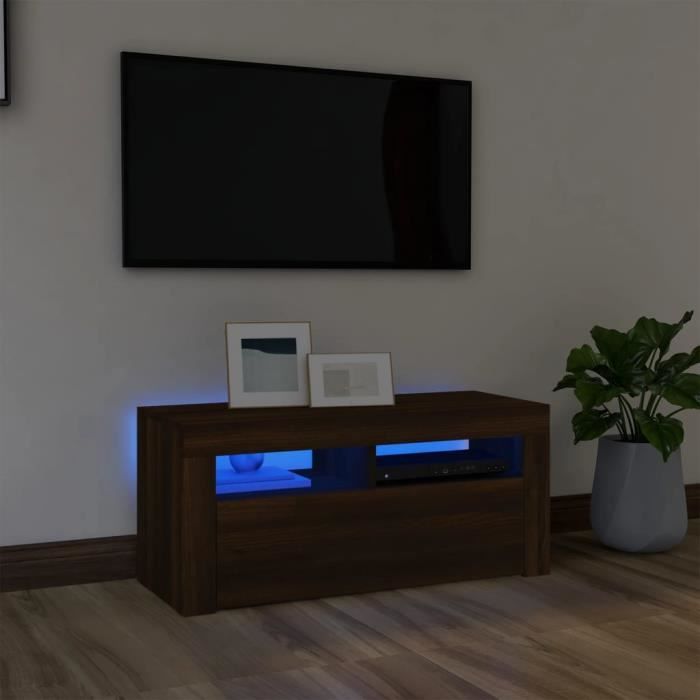 "sale 2024" meuble tv avec lumières led jms - banc tv chêne marron 90x35x40 cm 19,8,kg 9265
