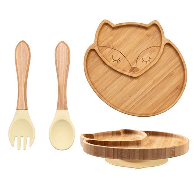 Kleiner Fuchs Assiette Bébé Bambou Avec Ventouse + Cuillère – Vaisselle Anti-Dérapante Motif Renard – Set Cadeau