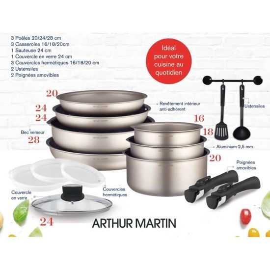 Batterie de cuisine Arthur Martin AM521GM - 3 poêles 20, 24, 28 cm, 1  poignée amovible - Tous feux dont induction –