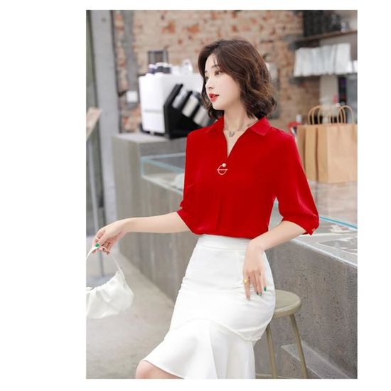 Chemisier Femme Yommay En Mousseline - Manches Courtes, Col Nœud Papillon (Rouge, Taille S)