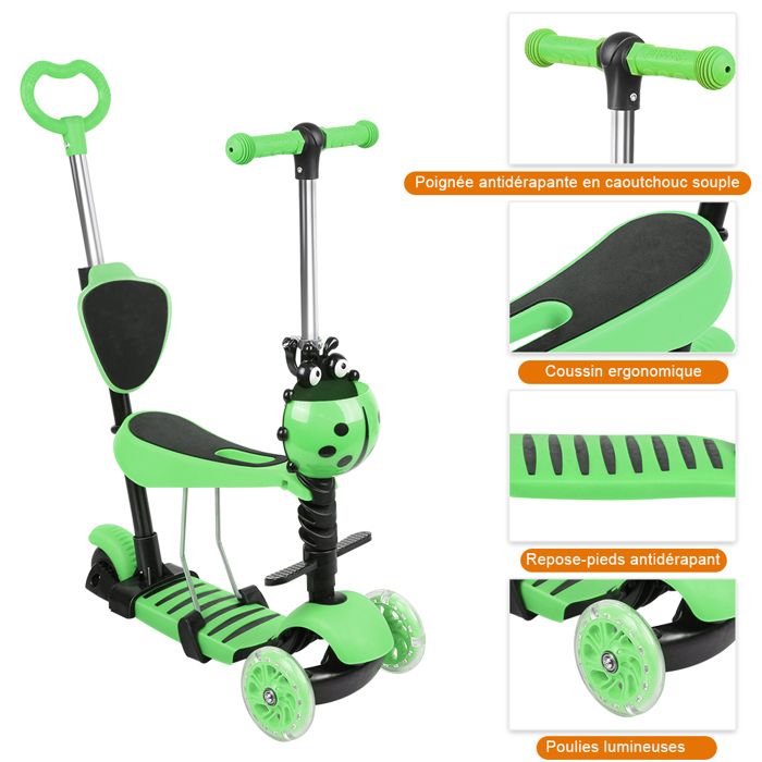 Trottinette pour enfants à 3 roues, hauteur réglable, coup de pied