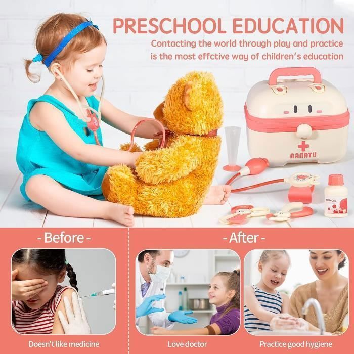 Mallette Docteur Enfant En Bois Avec Peluche Chien - 21 Pièces - Jouet Vétérinaire Pour Fille 3 Ans Et Plus - Vert - 14
