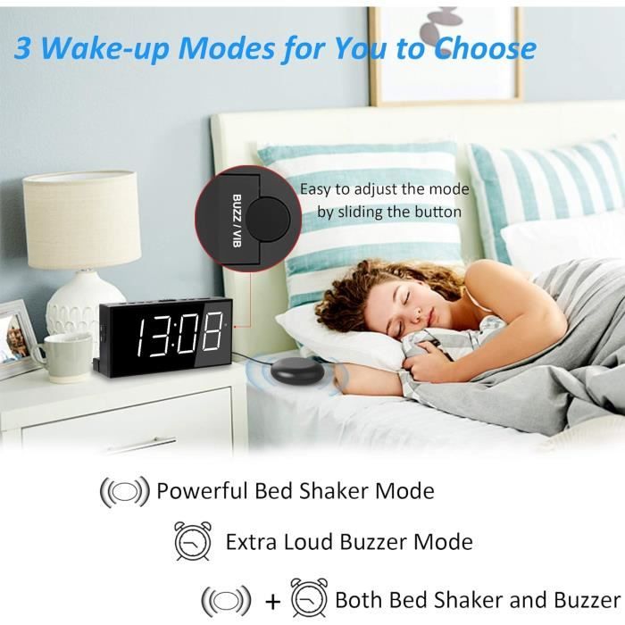 Réveil Pour Les Dormeurs Profonds, Réveil Vibrant Avec Grand Écran Led 8,7" Variateur D