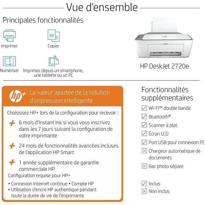 HP DeskJet 2720e Imprimante tout en un - Jet d'encre couleur 6 mois  dInstant Ink inclus avec HP+ (Photocopie, Scan, Impressi - Cdiscount  Informatique