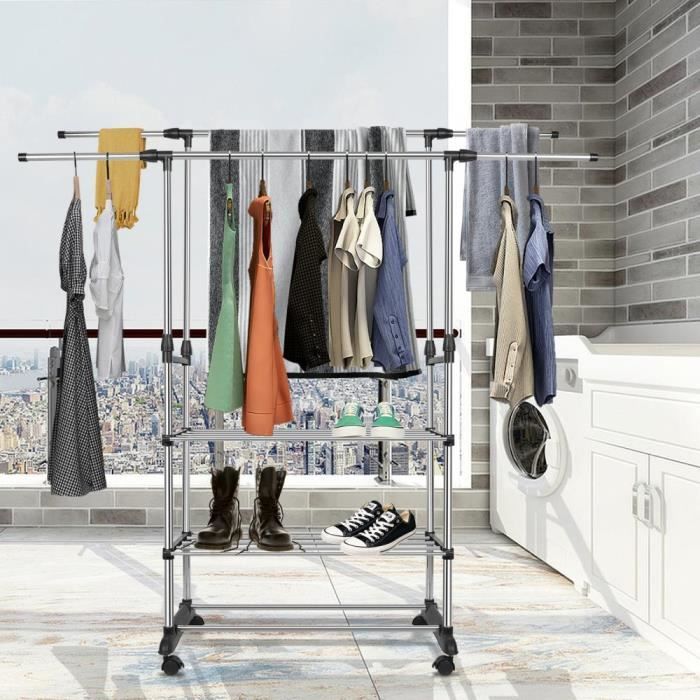 HOKEEPER Porte-vêtements à double tube avec roulettes, support de garde-robe robuste 204 kg, pour suspendre des vêtements, portable avec étagères, noir