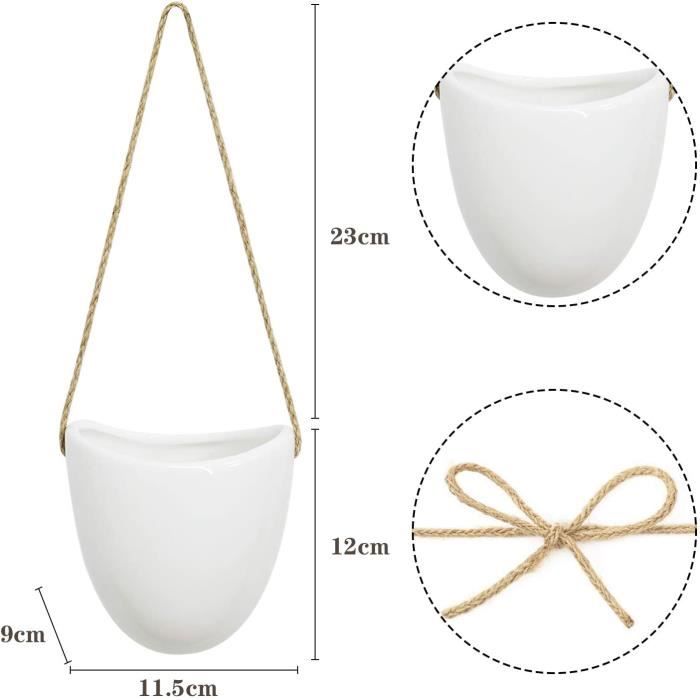 Lot De 3 Pots De Fleurs Suspendus Modernes - Ronds, Blancs, Fixation Murale - Pour Plantes Succulentes, Déco - Diamètres 18, 23, 28 Cm