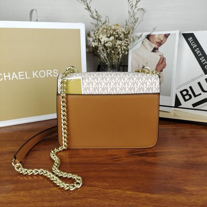 2020 nouveau Michael Kors MK ancienne fleur couleur assortie moyenne epaule diagonale all match petit sac carre Brun blanc Brun blanc Cdiscount Bagagerie Maroquinerie