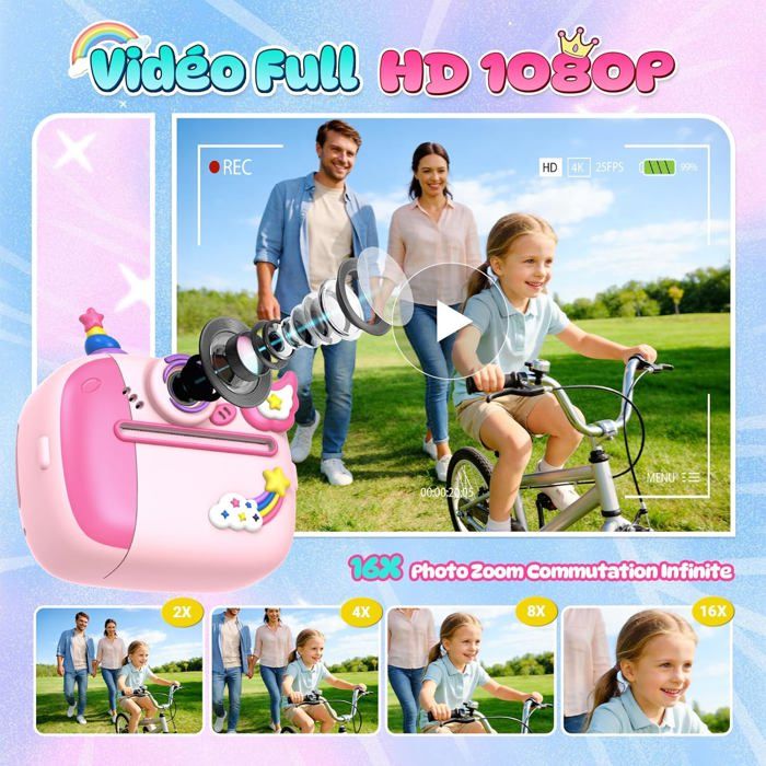 Appareil Photo Instantané Enfant - HD 48MP, 1080p, Impression Thermique Sans Encre, écran 2,4", Carte 32 Go - Dès 3 Ans (bleu)