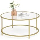 VASAGLE Table Basse Ronde Plateau en Verre Trempé, Armature Métallique Dorée, Bout de Canapé Robuste Doré