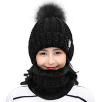 Ensemble bonnet d'hiver et écharpe circulaire pour femme, bonnet tricoté chaud avec pompon en fausse fourrure et doublure en polaire