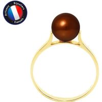 PERLINEA - Bague Véritable Perle de Culture d'Eau Douce Ronde 7-8 mm - Colori Chocolat - Or Jaune - Bijou Femme