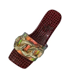 CHAUSSON - PANTOUFLE lukcolor 698 nouveau style tête carrée chaîne en métal plate pantoufles transparentes chaussures pour femmes Rouge bourgogne