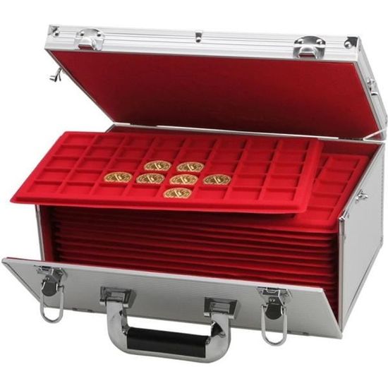Valise Numismatique LINDNER - 8 Plateaux Rouges - 355 Pièces - Design Aluminium Et Noir