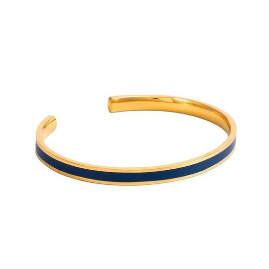 Bracelet Large Rigide Vintage Couleur Or Avec émail Bleu Et Blanc - Signé Bréal 5081