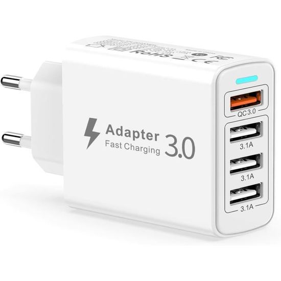 Chargeur USB C 52W, 6 Port PD+QC Station De Charge, Prise USB Multiple Secteur, Chargeur Rapide Type C Adaptateur Compatible Avec IPhone