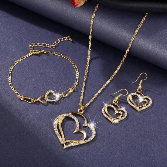 Parure De Bijoux En Argent 925 Forme Cœur – Collier, Boucles D'oreilles, Bracelet, Bague (lot De 4 Pièces)