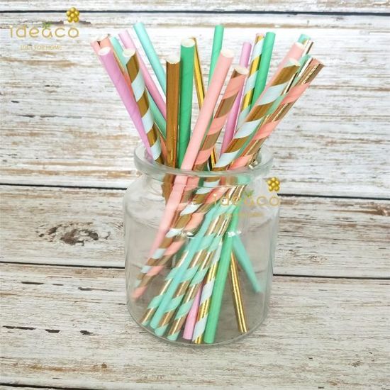 Paille papier rayée verte 20cm / ø6mm (250 pcs) : pailles à rayure sur Sparklers Club