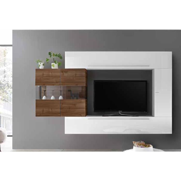 LUDOVICA 24 LAQUE BLANC ET NOYER FONCE ENSEMBLE COMPOSITION MURALE MEUBLE TV TENDANCE