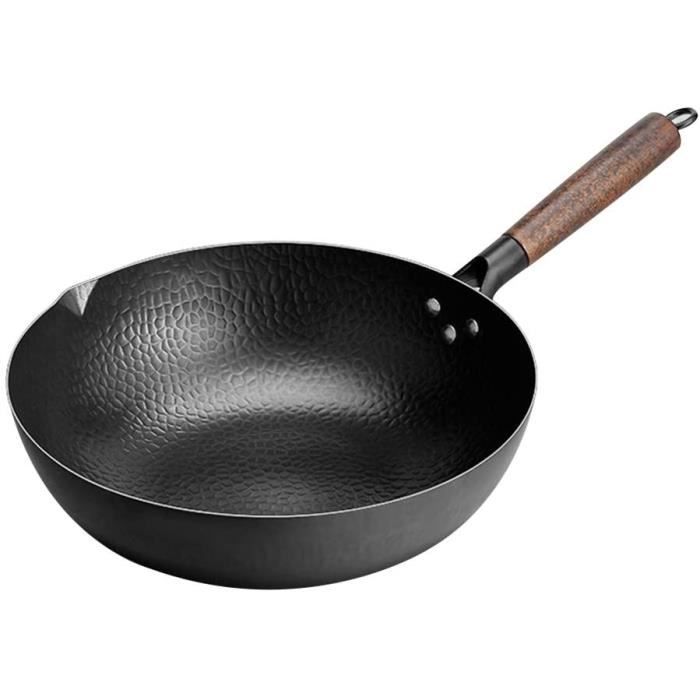 Authentique wok martelé à la main. Wok plat de 32 cm. Pot en fer chinois fait main adapté pour cuisinière à induction et gaz naturel