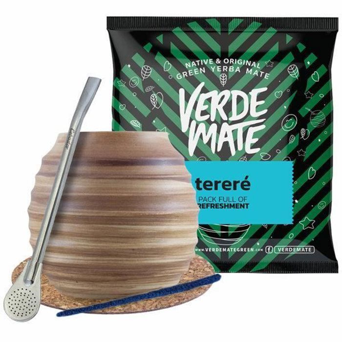 Yerba Maté Kit Calebasse Mate en céramique Miel 350 ml, Bombilla en Acier Inoxydable + Verde Mate Mas IQ 50g