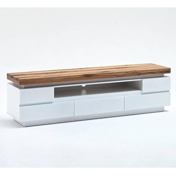 Meuble TV ROMINA 5 tiroirs structure laquée blanc mat plateau chêne noueux huilé blanc Inside75