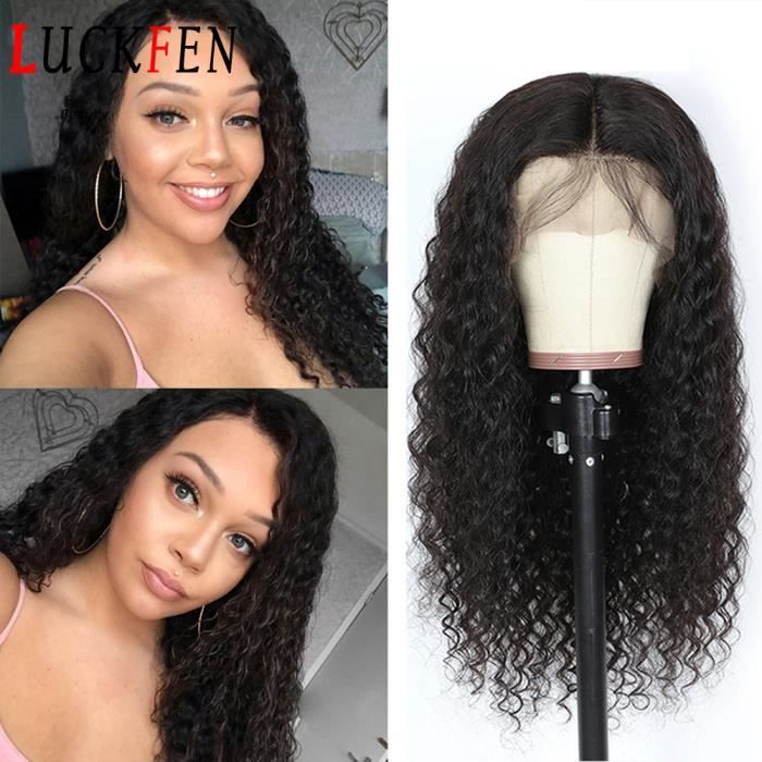 LUCKFEN Perruque Bresilienne Lace Frontal Wig Cheveux Humains Vierge Perruque Deep Curly 12 Pouce