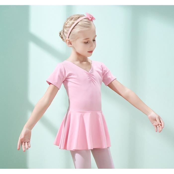 Bébé Fille Justaucorps de Classique Danse Performance Ballet Tutu Robe avec Manches Courte Enfant 3-12 Ans(100cm-170cm)- Rose