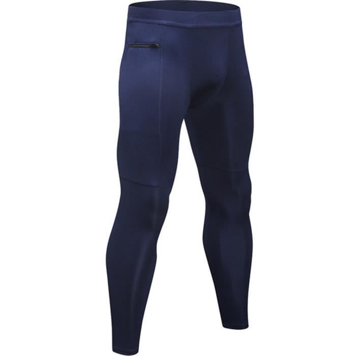 Legging Sport Homme Fermeture éclair Poche Collant Running Fitness Pantalon de Compression Séchage Rapide Bleu