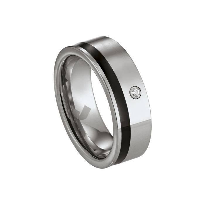 Jourdan Bijoux - Bague homme - OU020H - Anneau tungstène - Filet noir - Diamant -Taille 58