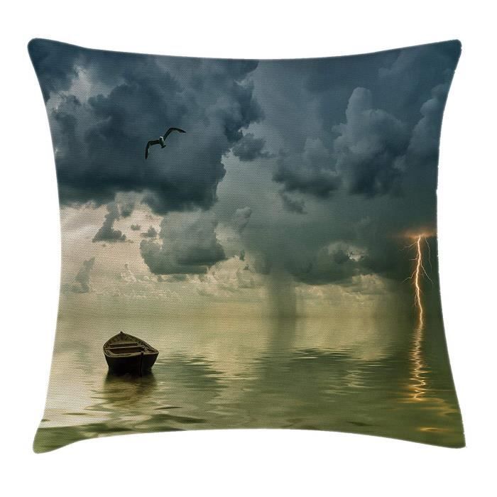 ZMYGH Nature Throw Pillow Cushion Cover, Old Boat in The Ocean Near The Vivid Streak Bolt of Lightning with A Sea Gull Photo,