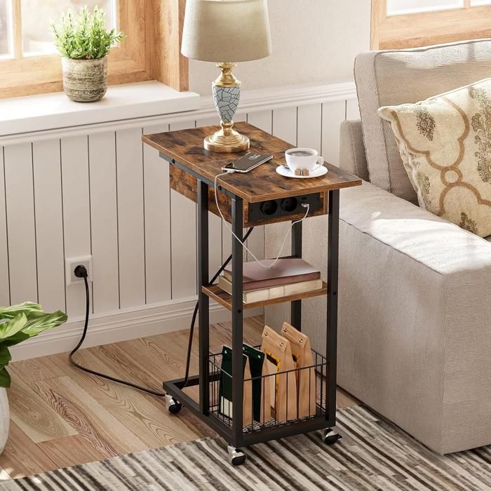 HOOBRO Table dAppoint basse avec Station de Charge pliante en Forme de C avec Roulettes et Étagère de Rangement Ports USB