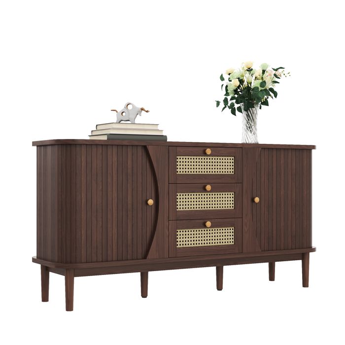 Panana Buffet 3 Portes 3 Tiroirs En Bois Massif - Meuble Salon Et Salle à Manger Avec Panneaux Latéraux