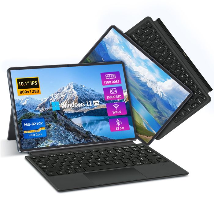 PC Portable 2-en-1-10.1écran tactile- Intel Core M3-8100Y-12 Go RAM 256 Go SSD- Win 11 Pro -Tablette Ordinateur portable-AZERTY