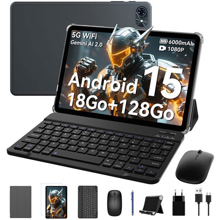 T80 Tablette 10 Pouces18Go RAM 128Go ROMAndroid 156000mAhWi‑Fi 5GGemini AIavec Clavier Souris StyletTablette Pas Cher