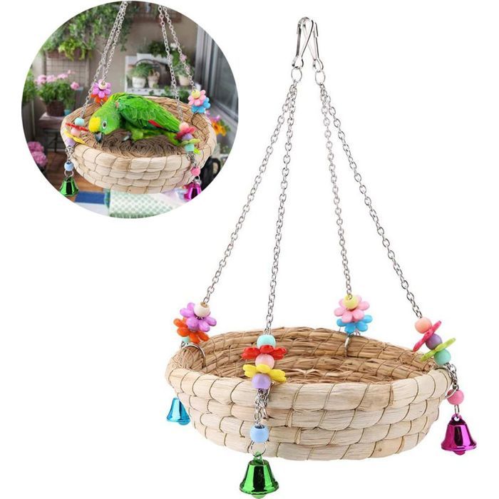 Meilleurs prix pour Nid doiseau en paille tissée à la main balançoire avec 4 cloches en métal jouet pour perruches calopsittes perroquets perr