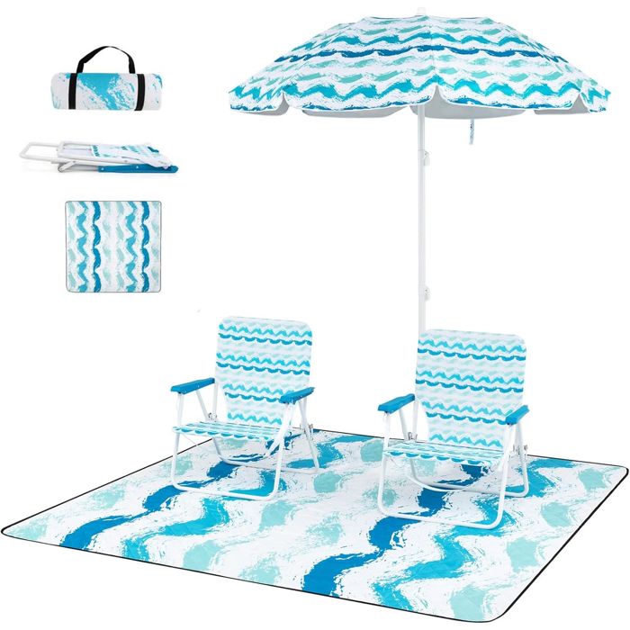 COSTWAY Ensemble 4 PCS avec 2 Chaises de Jardin Pliables et Parasol Portable Inclinable 190cm Tapis 2 x 2m Sac de Transport Bleu