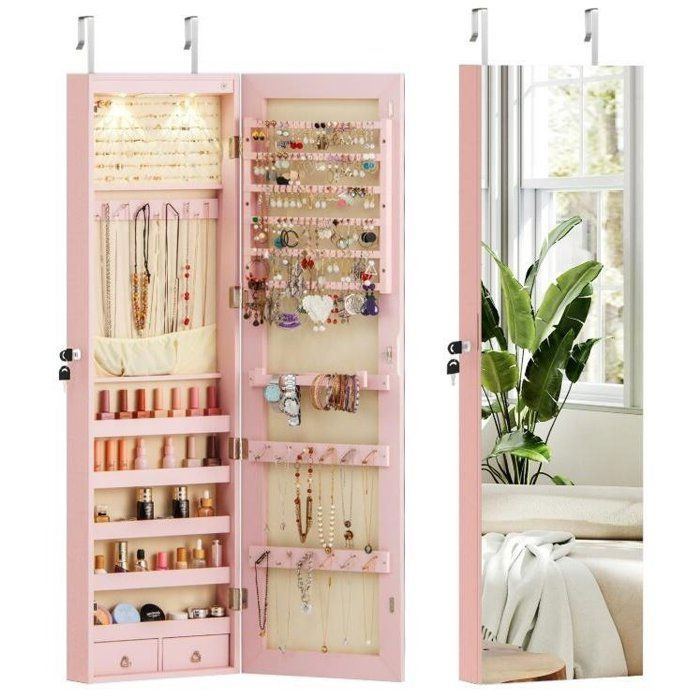 Armoire à Bijoux Murale - RELAX4LIFE - Éclairage LED - Porte avec Serrure - 2 Tiroirs - Peu Encombrante - 35 5X10X120CM - Rose