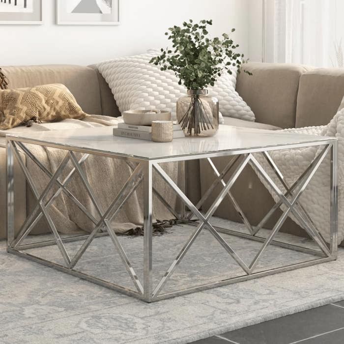 Table basse en acier inoxydable et verre trempé - VIDAXL - Argenté - 100x100x50 cm - Verre trempé 6 mm