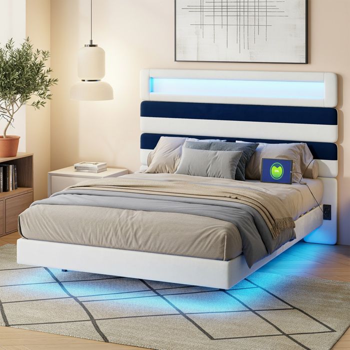 Structure de lit - POCKETPOP - Velours beige - Éclairage LED intégré - Tête haute avec USB