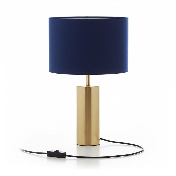 Relaxdays Lampe de table abat-jour velours pied métal doré E27 51 x 32 cm lampe de chevet bleu foncé/doré