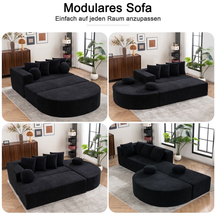 Canapé Modulable Convertible 5 Places en Chenille noir - Sofa Compressé sans Montage Mousse HR 500kg Salon Moderne - 263x171x66cm