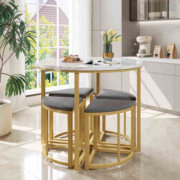 Set de table à manger - HIBA - Luxe Moderne - Rond Ø80 cm - Plateau MDF blanc - Cadre en fer doré