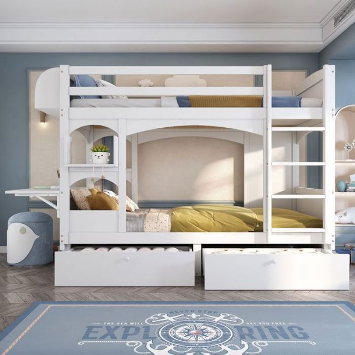 Lit Superposé Enfant - MERAX - 90x200 cm - Bois Massif - Bureau Pliant - 2 Tiroirs - Blanc blanc LITS SUPERPOSES