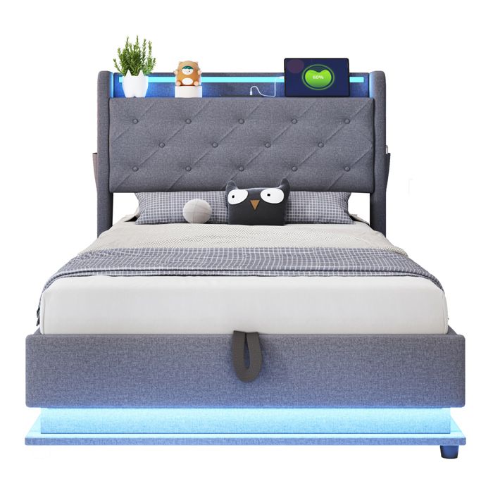 Lit Coffre Enfant 90x200 cm - Rangement Hydraulique LED Colorées et Poche Téléphone Tissu Lin Gris Sans Matelas