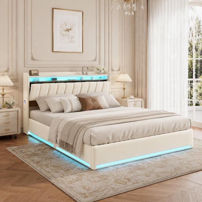 Lit coffre 140 x 200 avec sommierlit double avec LED et USBrangement dans la tête de lit capitonnélit 140x200 velours beige