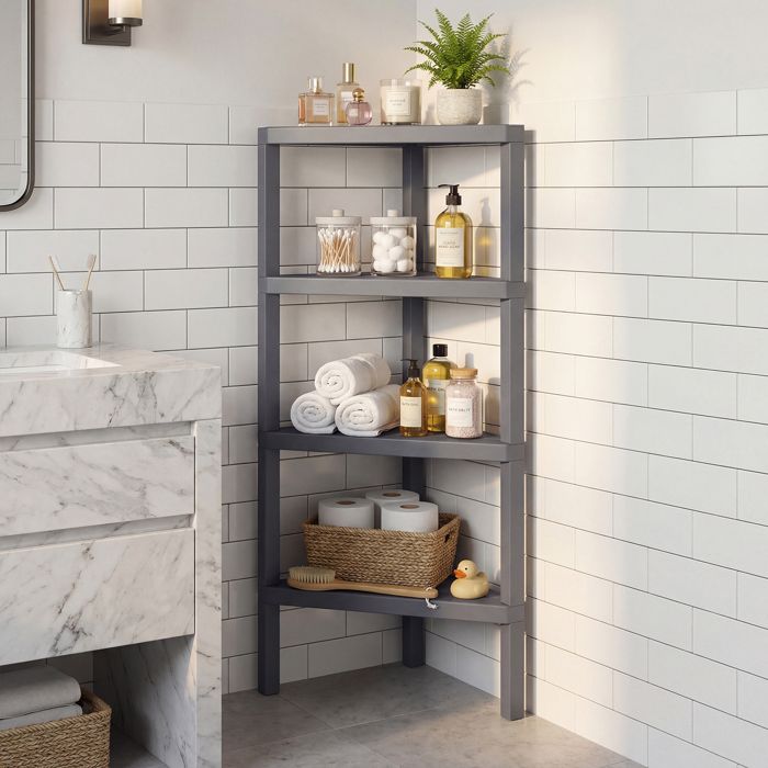 Meuble Étagère dAngle à 4 Niveaux COSTWAY Étagères Ouvertes à Lattes Support pour Plantes pour Salon Cuisine Salle de Bain Gris