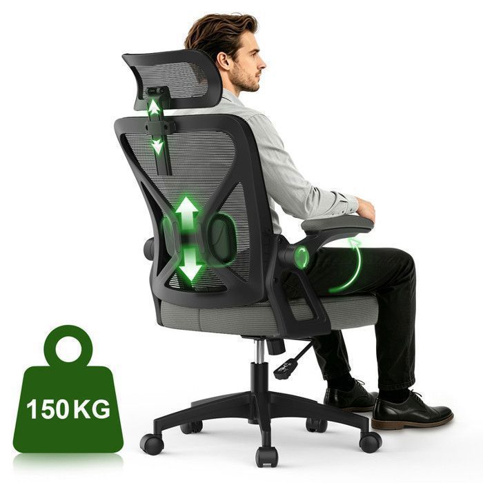 Chaise de bureau ergonomique dossier accoudoirs et appui-tête réglables coussin moelleux et assise en tissu respirant noir